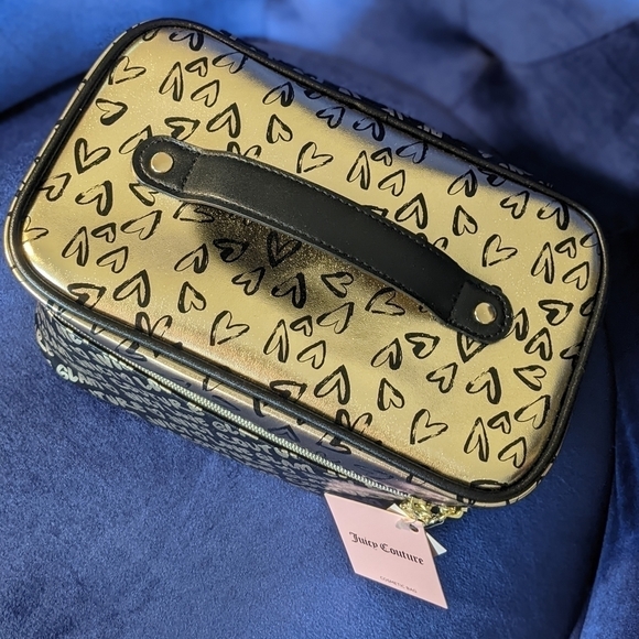 Juicy Couture Rectangle Cosmetic Bag Logo Branded w Accessory Black and Gold - Picture 4 of 7